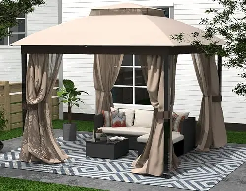 Outdoor Patio Gazebo 10x10 FT, Soft Top Gazebo Canopy with Double Roof, Square Metal Frame, Mosquito Netting & Privacy