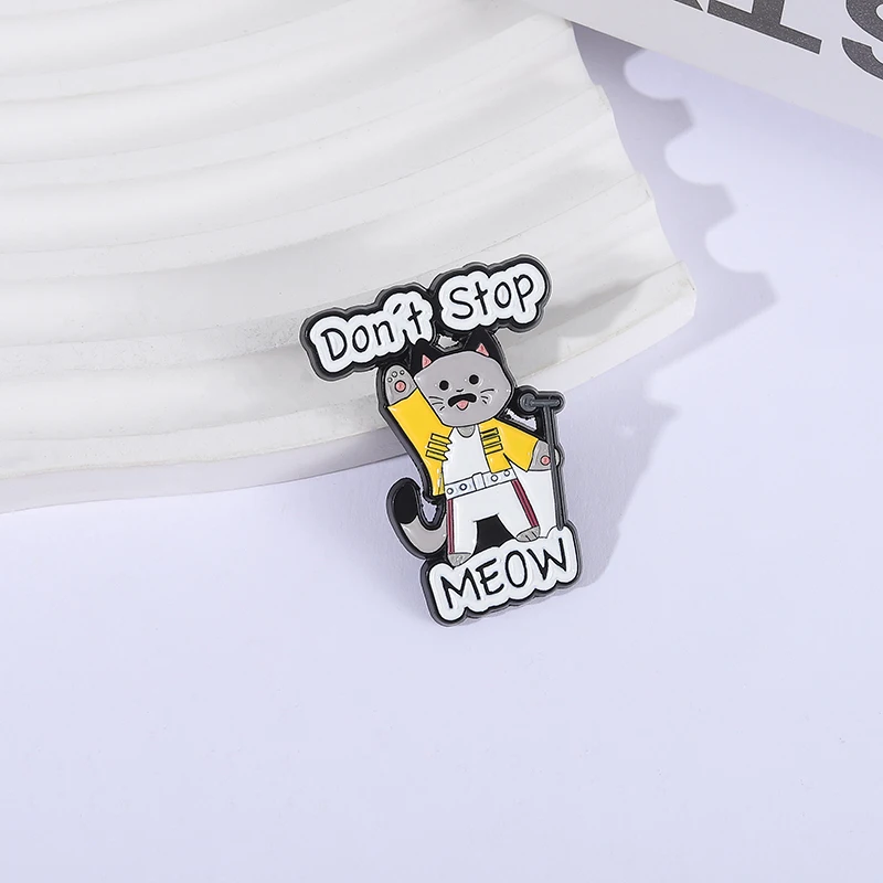 Don't Stop Meow Enamel Pins Cartoon Rock n Roll Music Cat Singer Brooches Jacket Lapel Badge Animal Jewelry Gift For Friends