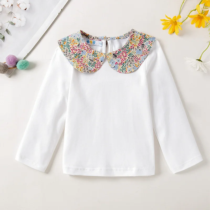 Baby Girls White Shirt Spring Autumn Kids Long Sleeve Basic Blouse With Floral Collar 1--5Y