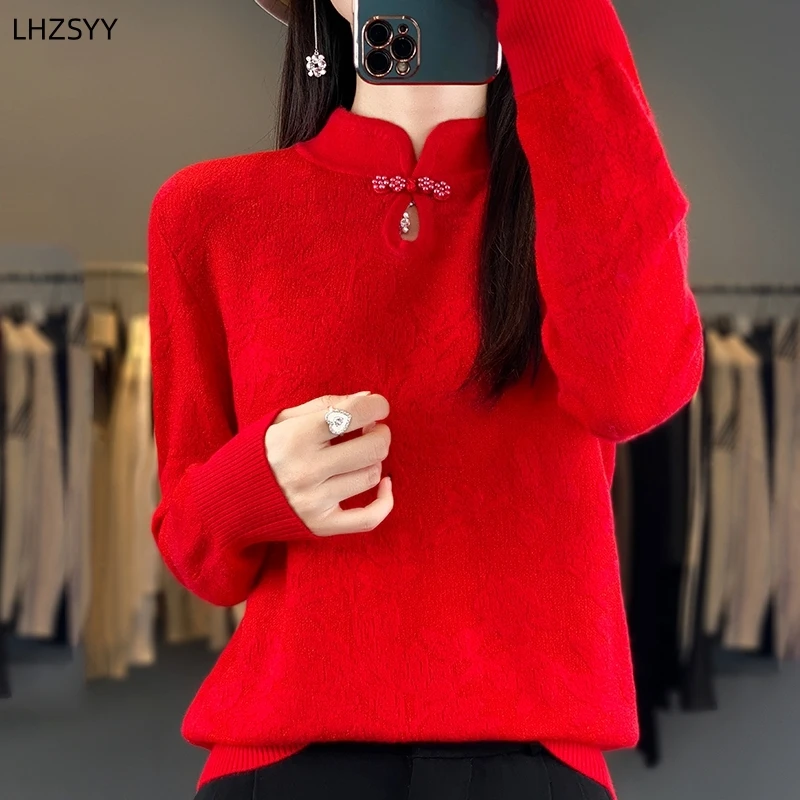 LHZSYY Chinese New Silk/Merino Wool Sweater Women' Retro Knit Coil Buckle Pullover Spring Loose Shirt Fashion Jacquard Thin Tops