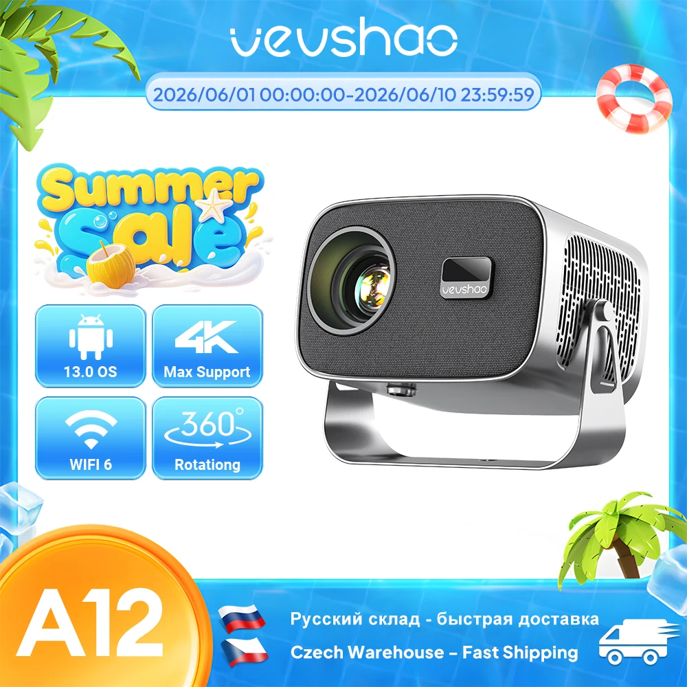 Projektor VEVSHAO A12 Mini Przenośny LED Video Android 13.0 WIFI 6 Mirror SmartPhone dla 1080P 4K Video Projektor Kina Domowego