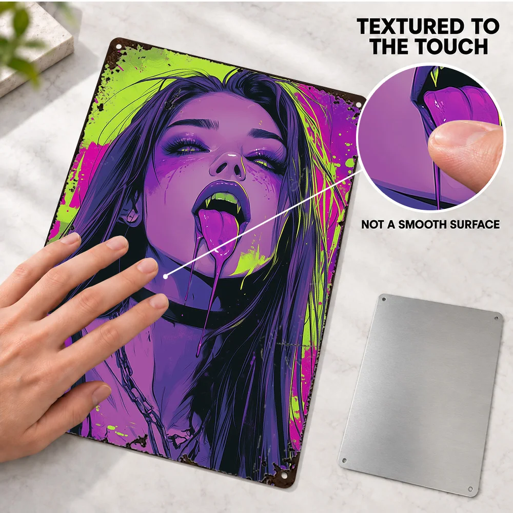Vampire Girl With Dripping Tongue Aluminum Poster Customized Metal Sign Vivid Neon Digital Illustration Wall Art For Game Room