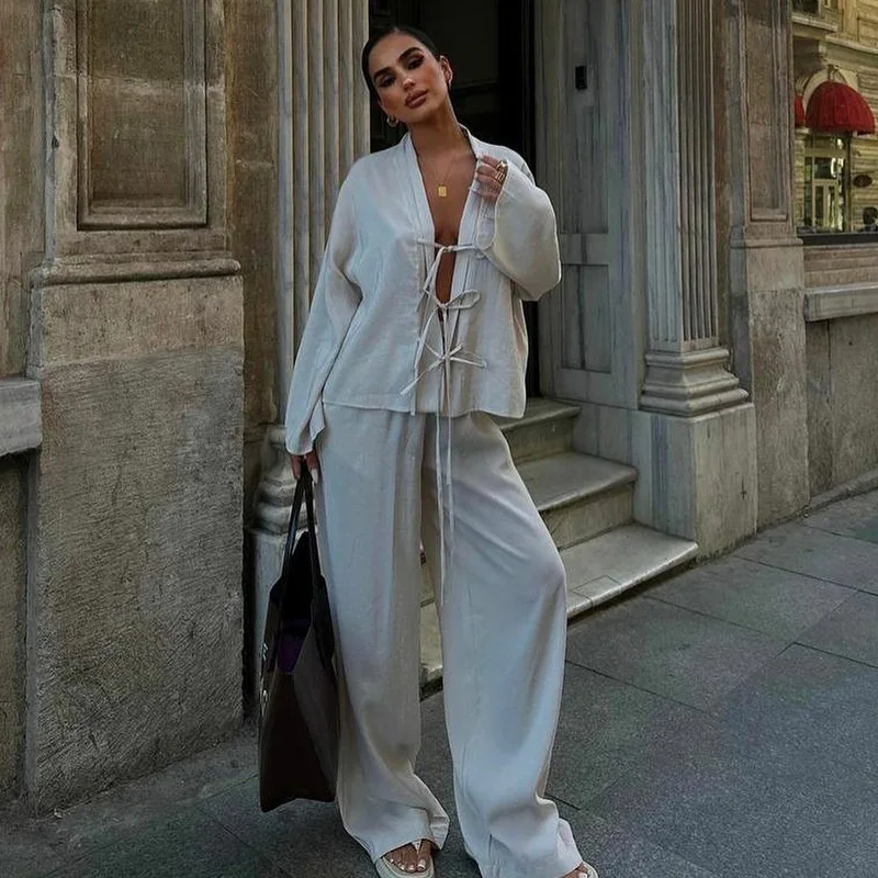 Fashion High-end Lace-up Shirt Trousers Set Women's Summer New Casual Two-piece Set
