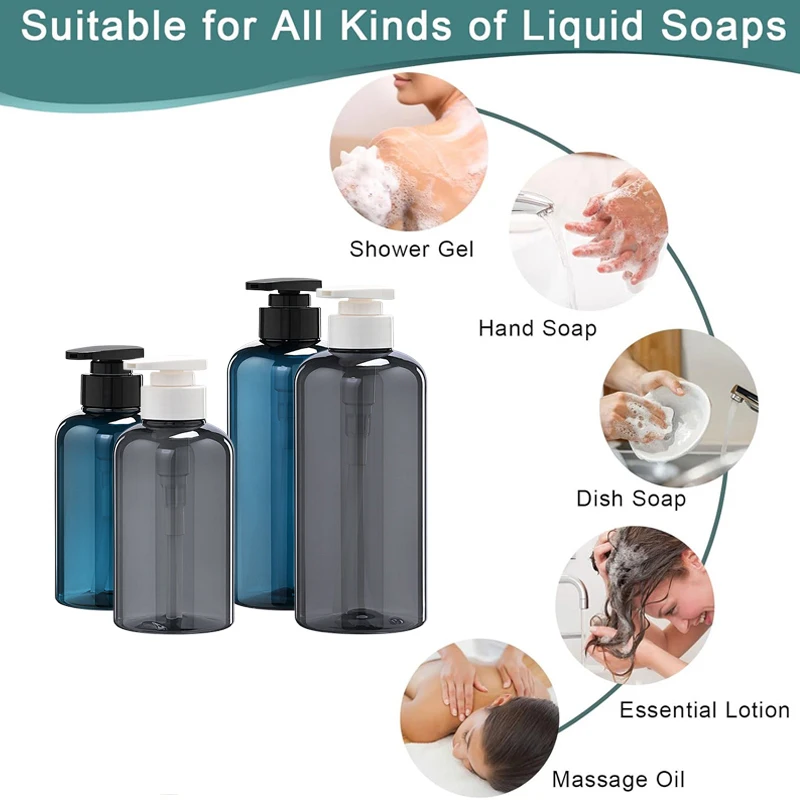 5 szt. Puste plastikowe butelki z pompką 300/500 ml, wielokrotnego użytku, przenośne pojemniki podróżne na szampon, żel pod prysznic, odżywkę do włosów