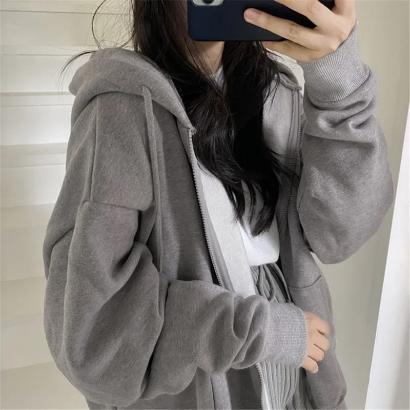 Korean Style Women Hoodies Harajuku Casual Loose Zip Up Hooded Jacket Long Sleeve Fleece Oversized Sweatshirt Coats Streetwear