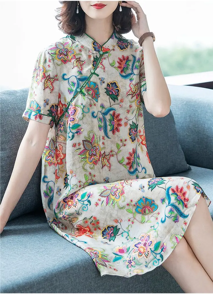 

2025 chinese flower printed short sleeve casual qipao dress fashion improved mid-length style women loose daily cheongsam