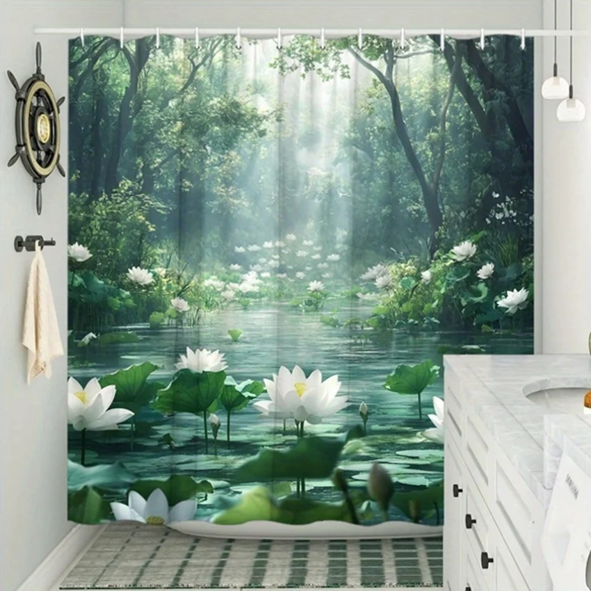 Lotus Forest Shower Curtain Polyester Printed Home Decor Nature Theme Interior Design Zen Style