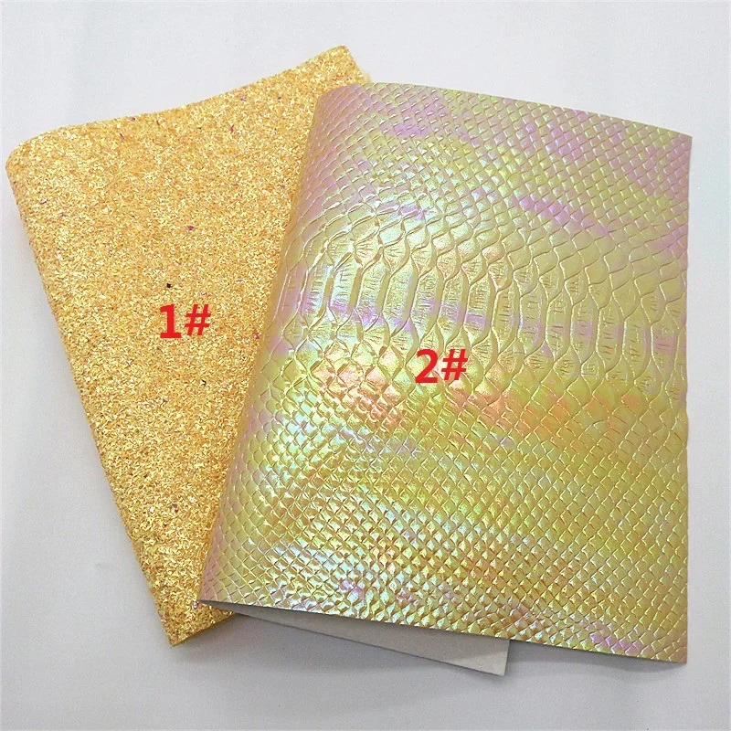 Yellow Glitter Leather Sheets Flowers Snake Weave Fish Sccales Embossed Synthetic Leather Suede Leather For DIY 21x29CM Y371