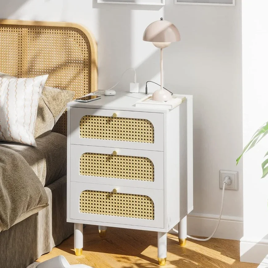 

Bedside Table, Rattan Nightstand with Charging Station, White Nightstand with 3 Drawers for Bedroom, Boho Mid Century Modern