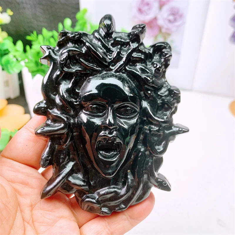 

Natural Black Obsidian Medusha Head Carving Quartz Carving Healing Crystal Stone Birthday Present Home Decoration