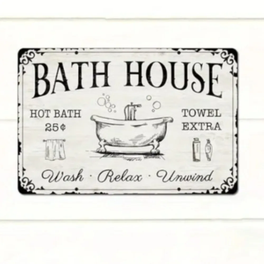 

- Bathroom Wall Decor Antique Sign | Relaxing Farmhouse Metal Tin | Hot Water, Towels & Wash | De-Stress Theme