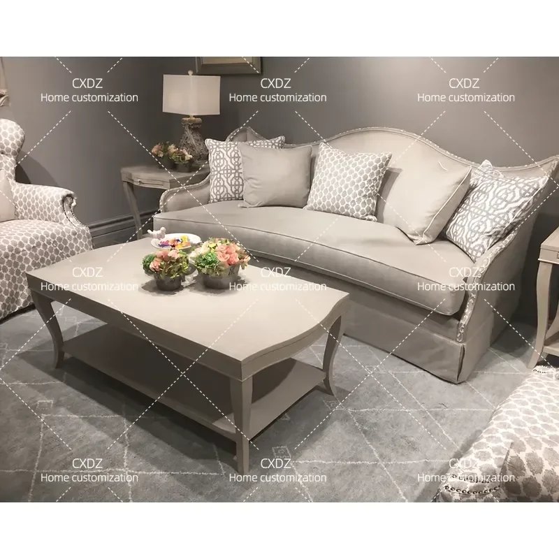 Three Person Solid Wood Carved Floral Sofa Retro Wave Style Detachable Skirt Living Room Furniture