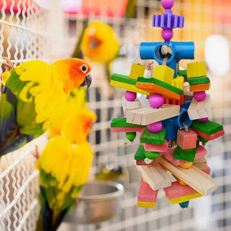 Parrot Chew Toys Natural Multi-colored Wooden Blocks Bird Chewing Toy Bird Block Tube Tearing Toy For Small And Medium Parrots