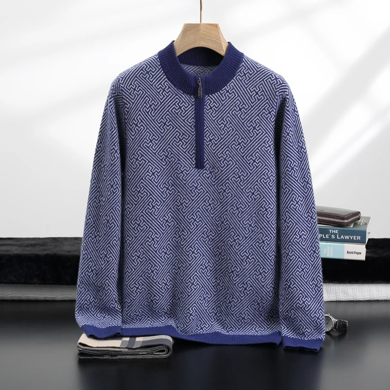 

100% Cashmere Autumn Winter Thick Men's Mock-neck Half-Zipper Sweater Twist Flower Casual Pullover Cashmere Knitwear Clothes