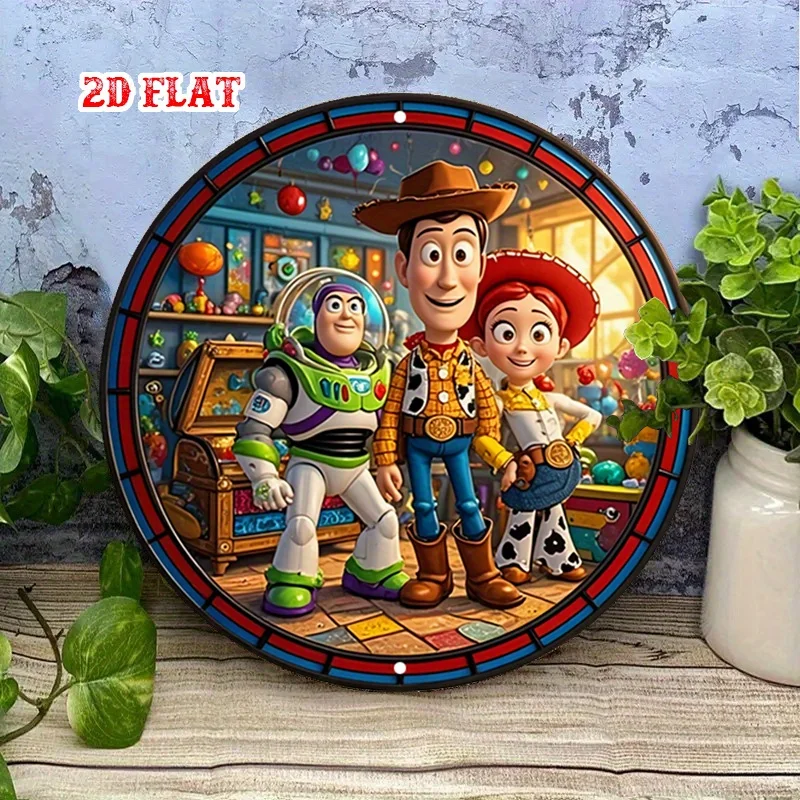 [2D Flat] قطعة واحدة من علامة معدنية مسطحة عتيقة مستوحاة من قصة الالعاب - Woody، Buzz Lightyear & Jessie - ديكور حائط من الألومنيوم المستدير الريفي