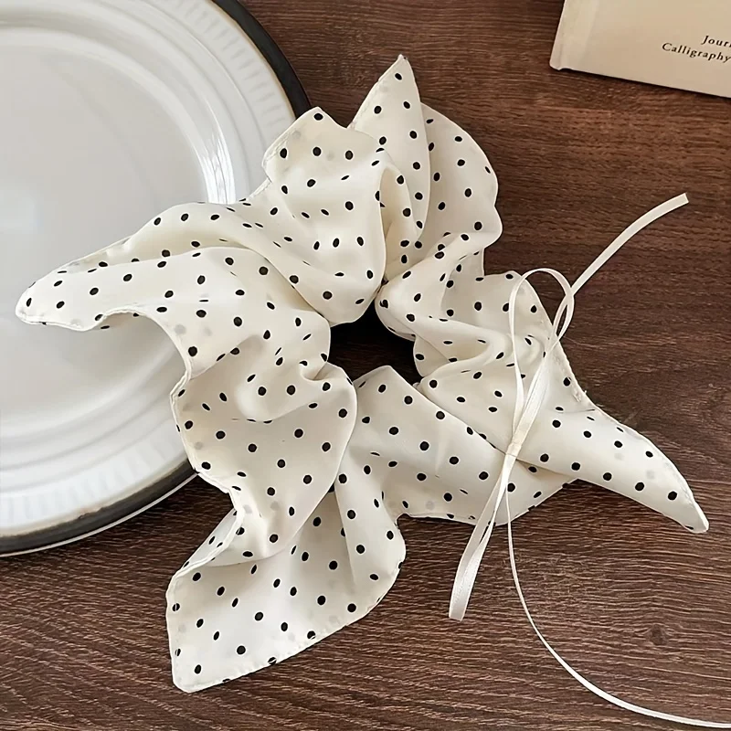 

New Cream Polka Dot Large Scrunchie Bow Square Scarf Head String High-Grade Gentle Leather Band Hair Additions