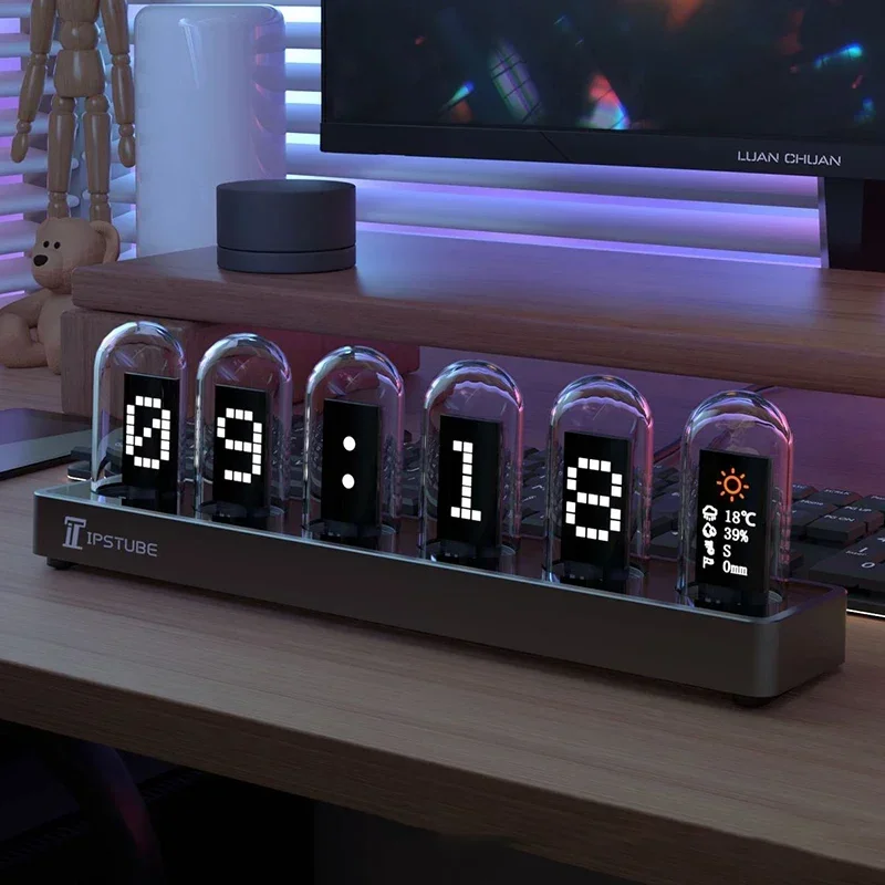 Pseudo Glow Tube Table Clocks Aluminum Alloy RGB Desk Clock Retro Creative Digital Clocks IPS Computer Desktop DIY Ornaments
