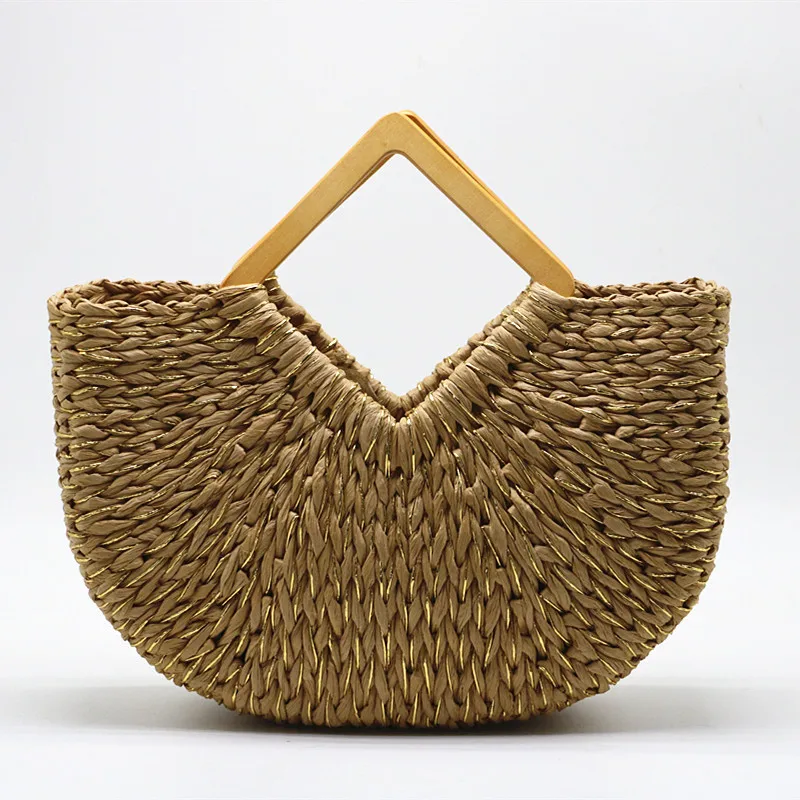 Women Straw Bag Wooden Ring Portable Korean Foreign Corn Skin Retro Art Hand-woven Beach Bags Travel Props Straw Bag Moon Bag