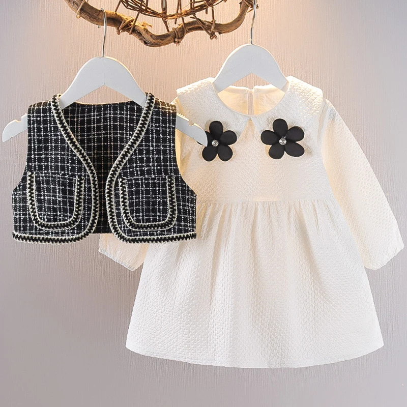 2PCS Spring Autumn Baby Girl Clothes Korean Fashion Doll Collar Flower Princess Birthday Dress+Plaid Vest Toddler Dresses BC059