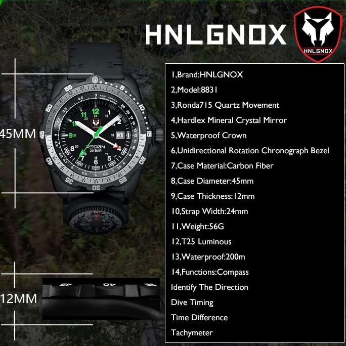 Hnlgnox Mens Military Watches Diving Watch 200M Quartz Wristwatch Carbon Fiber Luminous Compass Tactical Strap Tachymeter