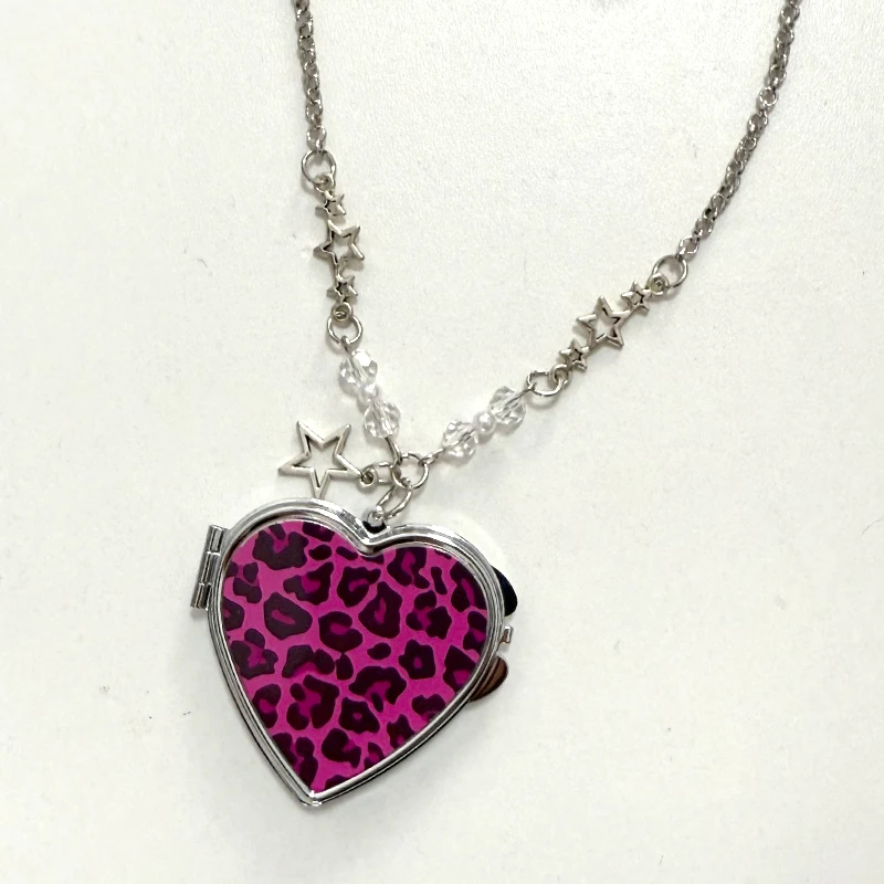 Y2K Schmuck Rosa Leopardenmuster Herz-Spiegel-Anhänger Halskette für Frauen Mode Punk Zebra-Muster Halskette Accessoires Goth Charm – Detail 3