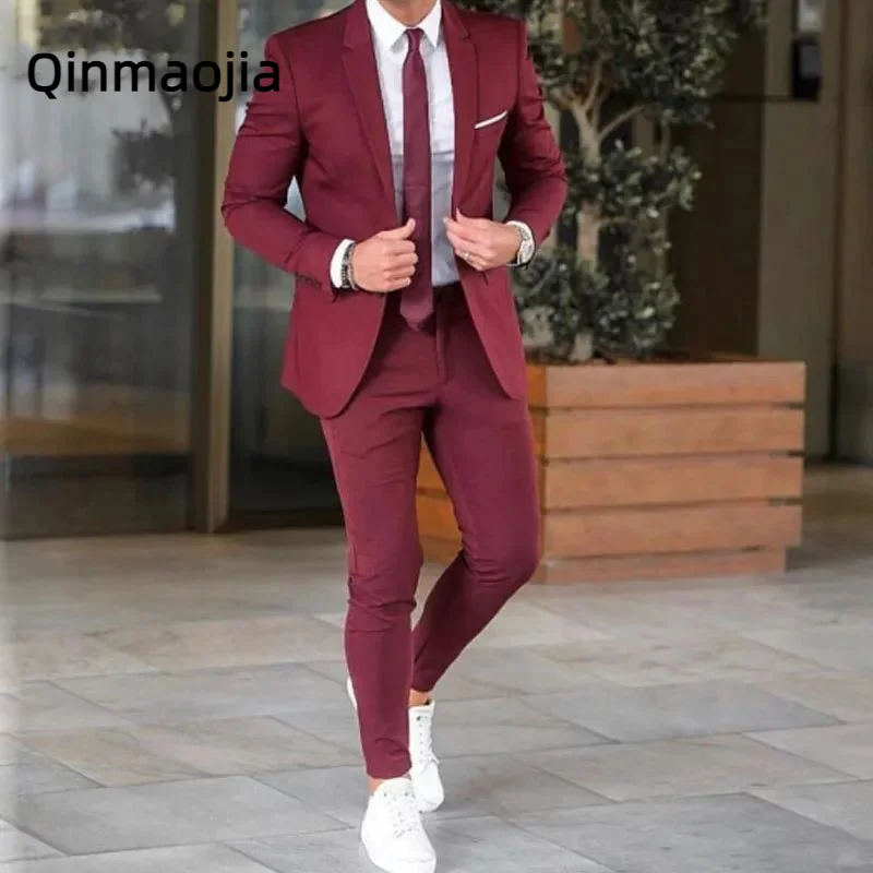 

2 Pieces Burgundy Mens Groom Tuxedos Wedding Suits for Men British Style Custom Made Costume Hommes (Jacket+Pants）Costume