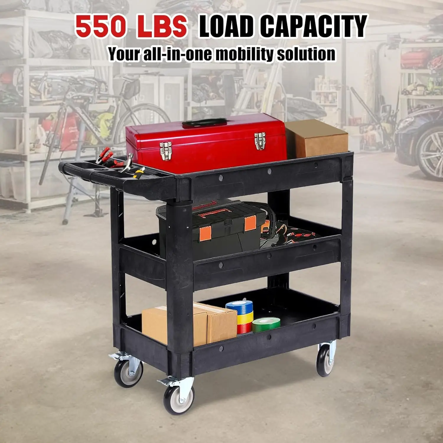 Utility Service Cart On Wheels,3 Shelf Heavy Duty Plastic Rolling Utility Cart With Swivel Wheels And Brakes,550Lbs Capacity