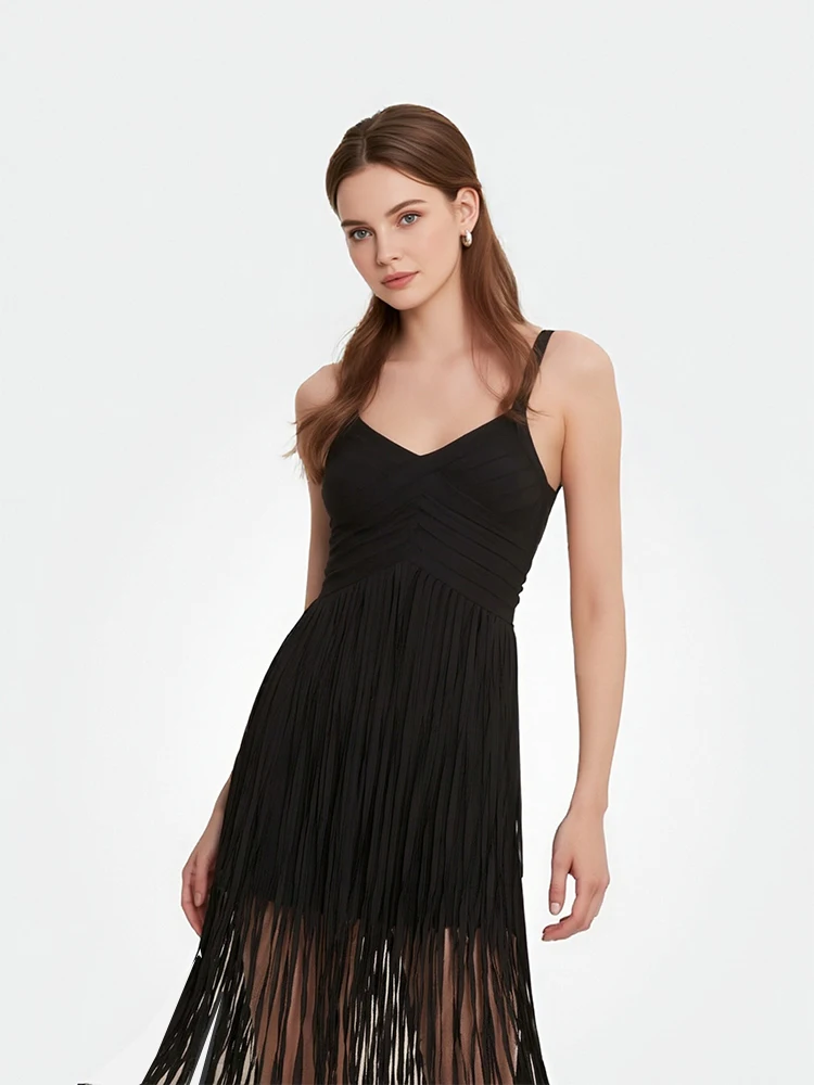 Women's Spaghetti Strap Tassel Backless Stretchy Slim Fit Bandage Party Dress for Testival Birthday Anniversary Nightclub