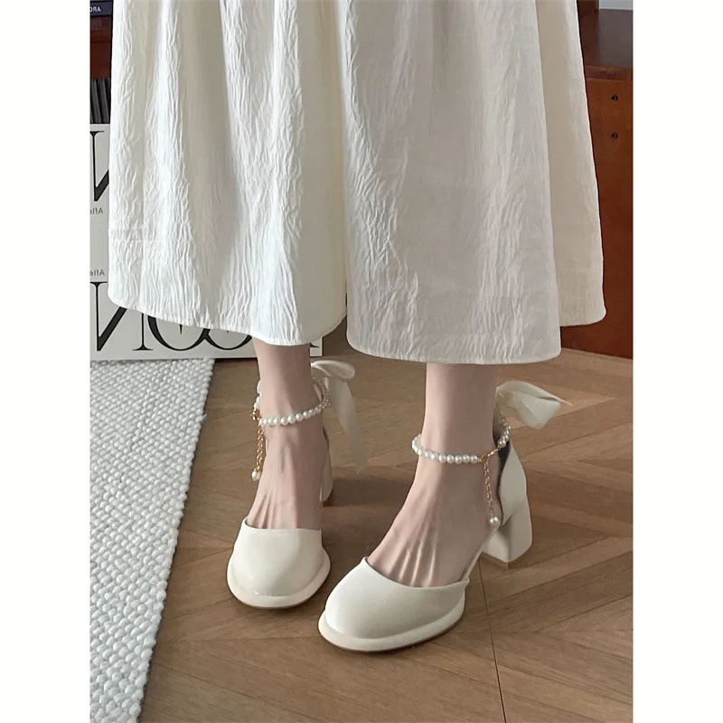 Pearl Sandals Female Shoe Mary Jane 2024 Summer Med High Heels Girls Comfort New Medium Beige Fashion Retro Bow High-heeled