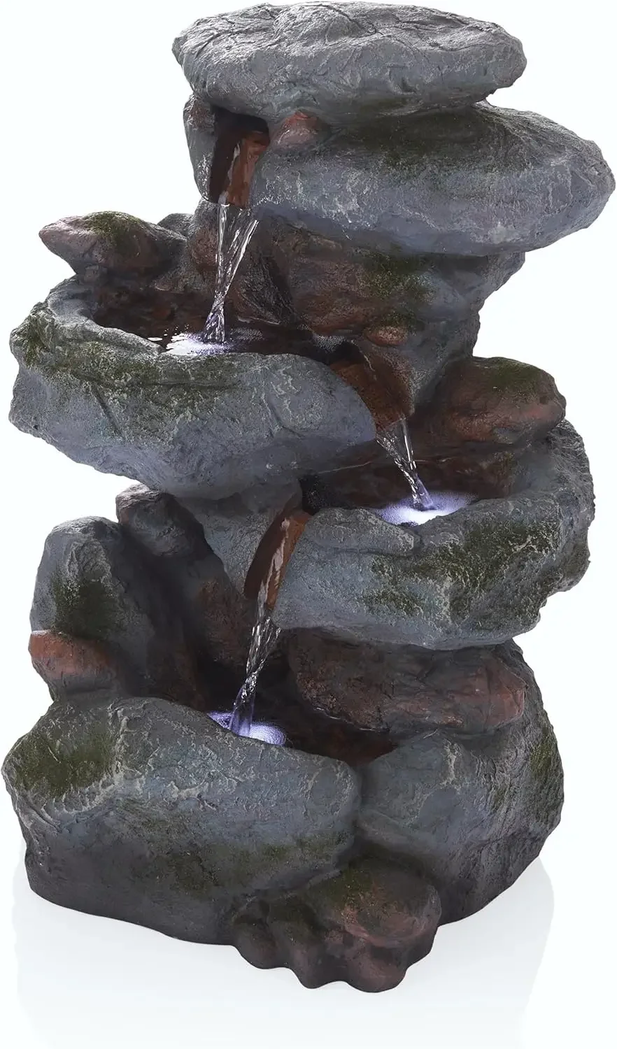 Outdoor Floor 3-Tiered Rock Waterfall Fountain with LED Lights and Natural Stone Look, 22