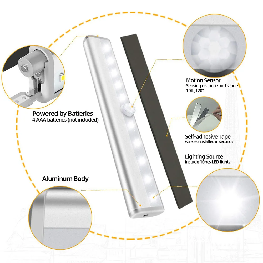 PIR 모션 센서 LED 야간 조명, 옷장 캐비닛 복도 조명, 무선 야간 램프, 주방 계단 조명, 루미나리아, 9cm, 19cm