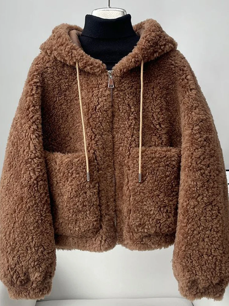 فو لامب لطيف معطف دافئ المرأة Vintage جيوب طويلة الأكمام الحلو سترة الشتاء الإناث الرجعية القهوة مقنعين أبلى القمم