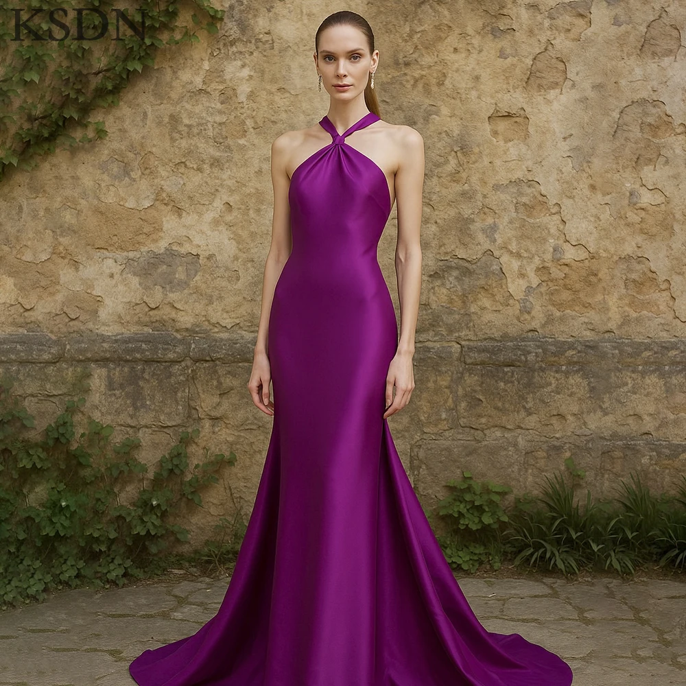 

KSDN Luxury Halter Evening Dreses Formal Sleeveless Chapel Train Satin Customzied Dress Special Occasion Elegant Women Gowns