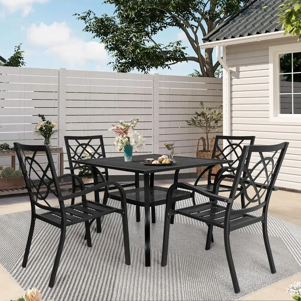 

Classic Black 5-Piece Outdoor Metal Dining Set with Stackable Chairs and Square Table