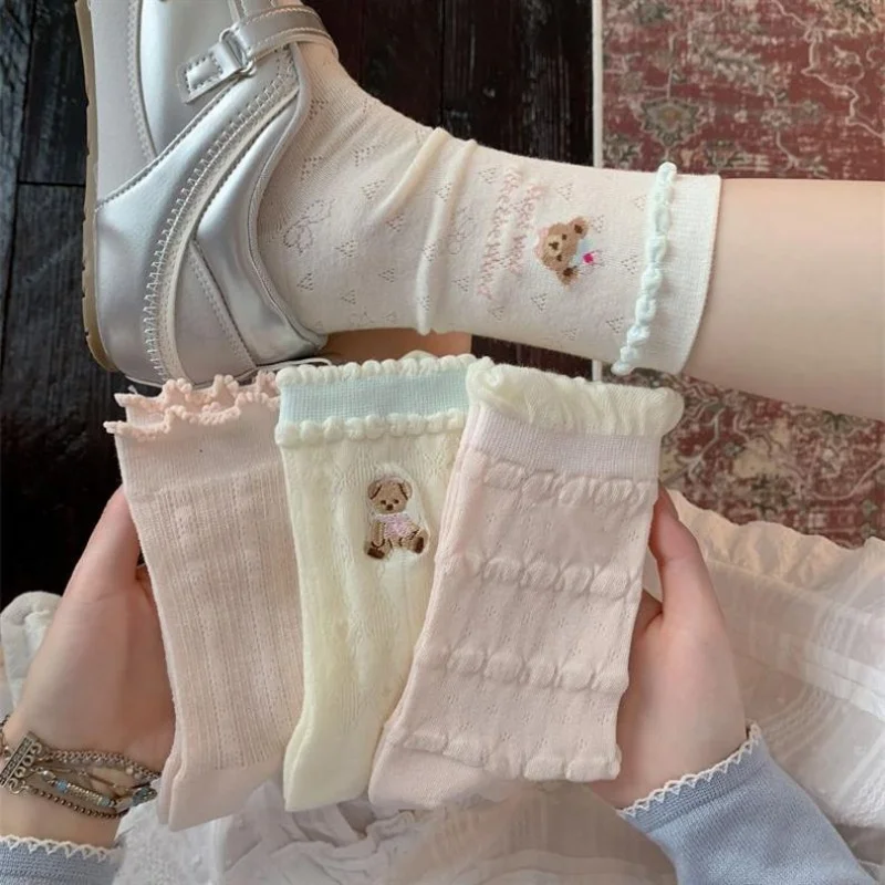 Dreamlikelin 5 Paar/Packung Damen-Socken für Frühling und Sommer, dünne Socken mit niedlichem rosa Bärenmuster, schweißabsorbierende Crew-Socken