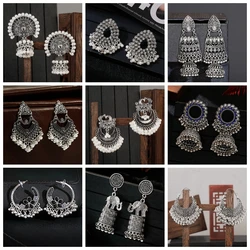 Ethnic Silver Color Indian Jhumka Earrings Women's Wedding Pendientes Vintage Beads Tassel Geometric Carved Earrings Jewelry