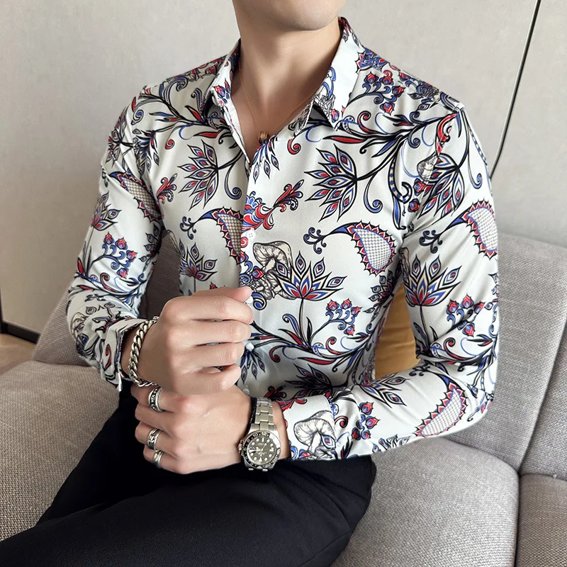 2023 Autumn Flower Printed Shirt for Men Long Sleeve Lapel Casual Shirts Fashion Slim Fit Business Social Dress Shirts M-6XL