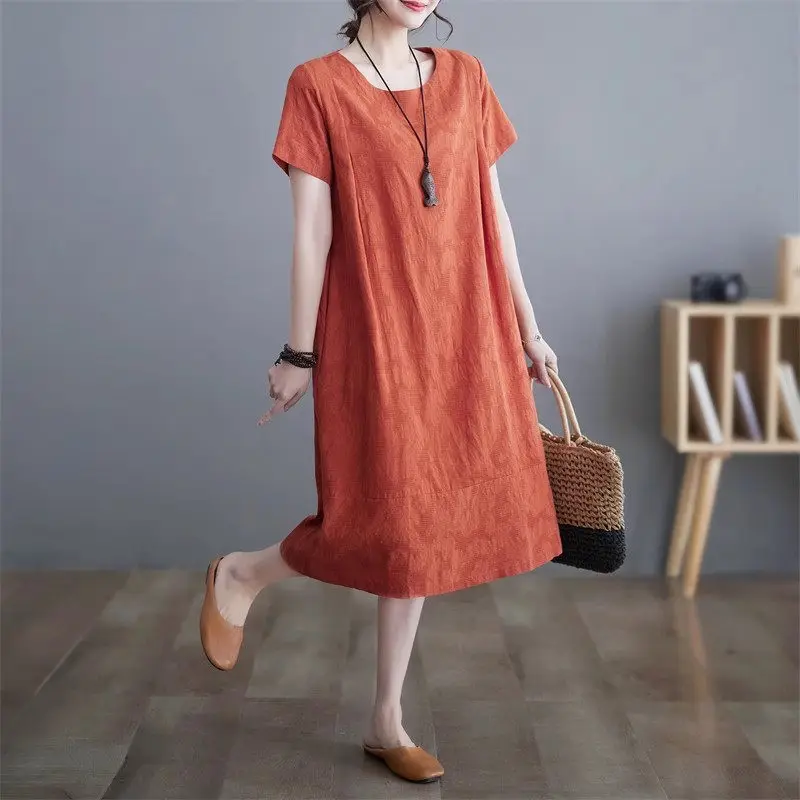 Übergroßes Jacquard-Kurzarmkleid für Damen im Sommer 2025, Sommer |   Atmungsaktives Midi-Freizeitkleid mit lockerer Passform |   Blumenstickerei G749