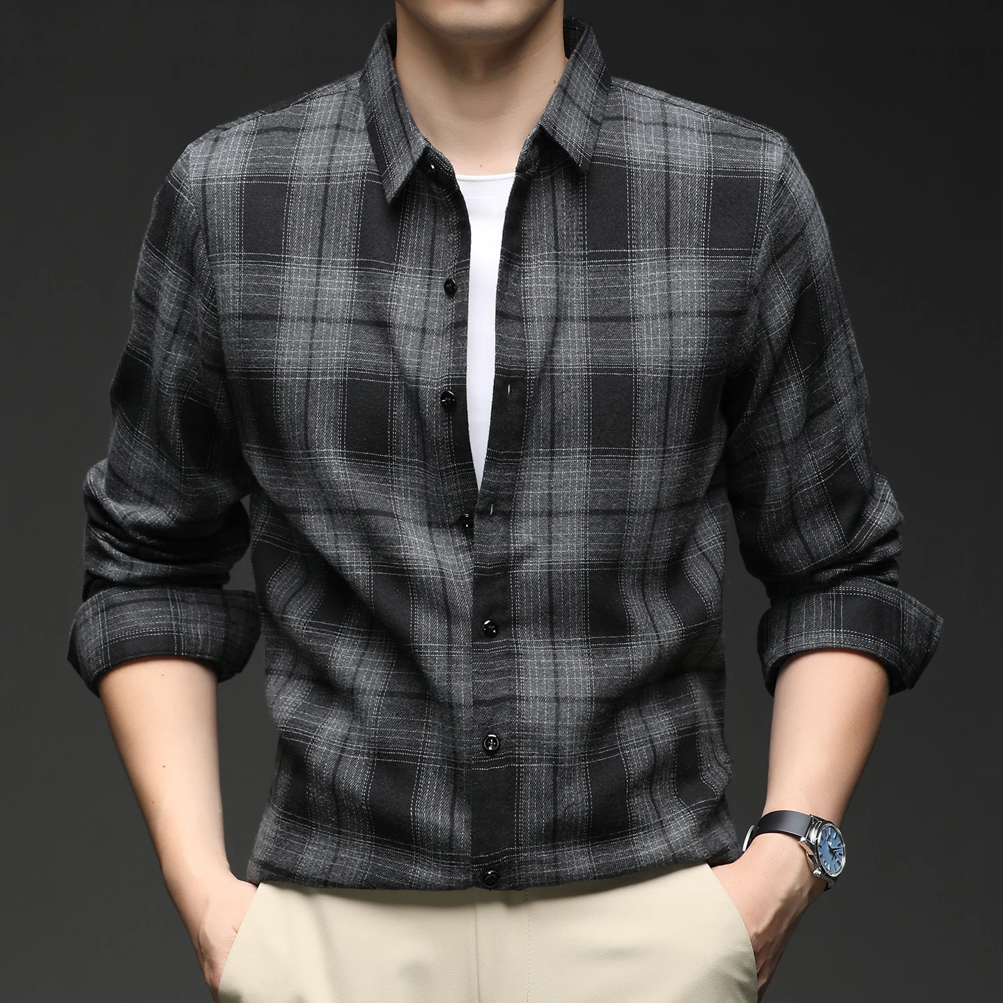 

Мужская рубашка с длинным рукавом на весну 2026: простая винтажная клетчатая повседневная рубашка для бизнеса, офиса и торжественных мероприятий, размеры M-4XL