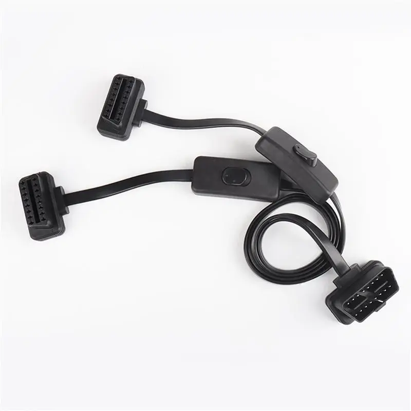 2Pcs 60CM Long OBD2 16Pin With Switch Extension Cable Flat Wire Adapter Auto 1 Male To 2 Female OBD 16 Pin Convert Plug-N31R