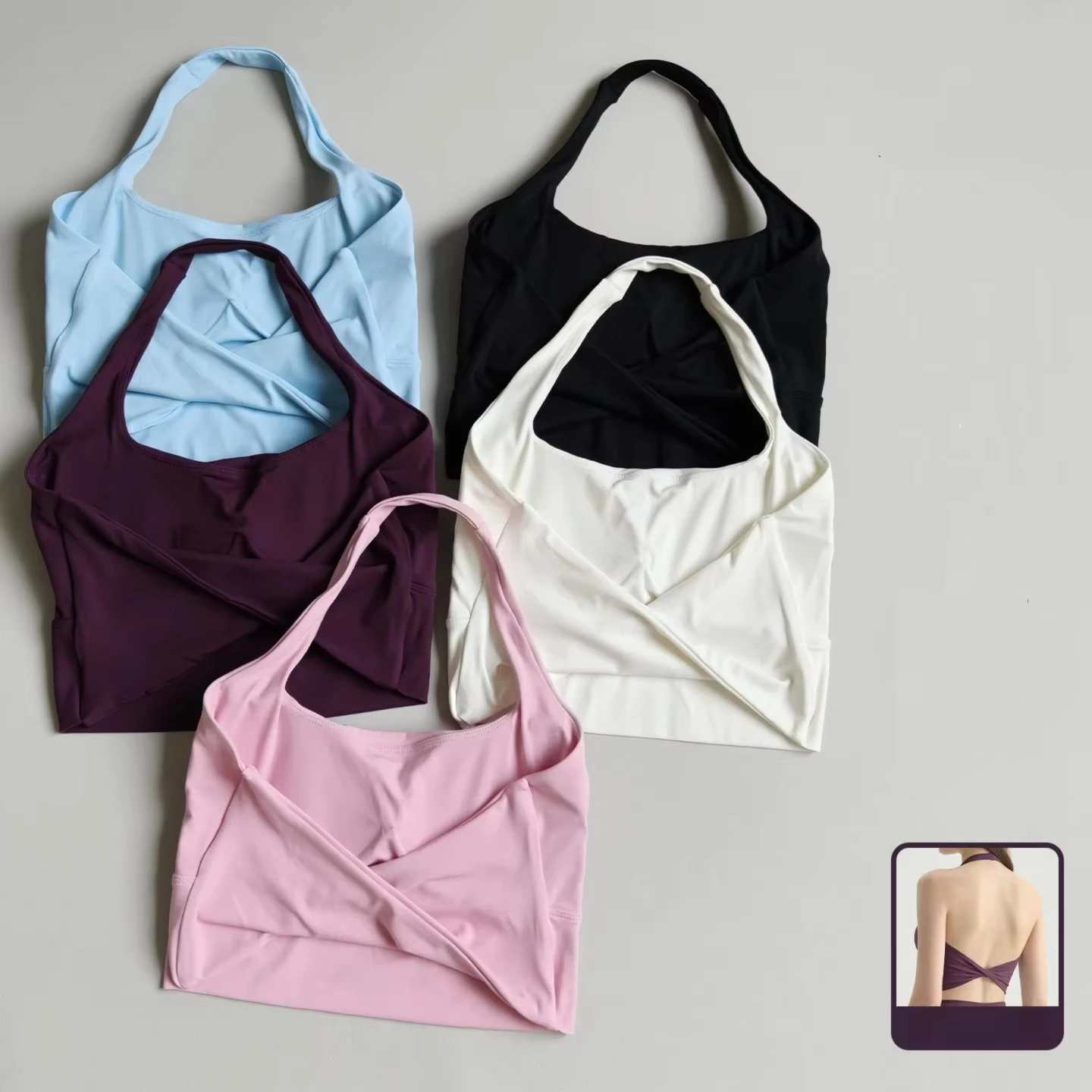 Damen Neckholder-Sport-BH, schnelltrocknend, atmungsaktiv, Yoga-Top mit Brustpolster, ohne Bügel, Fitness-Top für Gym, Laufen, Pilates – Detail 2