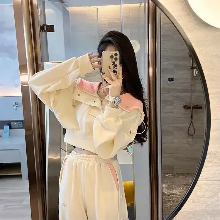 2023 Autumn Hoodie Two Piece Set Women Cute Sweet Long Sleeve Solid Crop Tops + High Waist Pant Outfist Female Sport Tracksuits