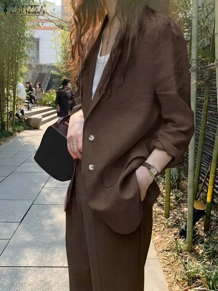 ZANZEA Autumn 2024 Cotton Solid Suit Jackets Women Long Sleeve Casual Loose Elegant Tops Korean Fashion Notched Lapel Blazer