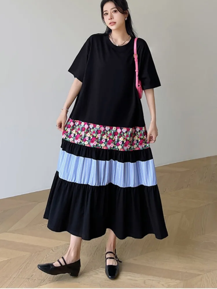 プラスサイズ サマー ミディアム丈 Aライン カジュアル Tシャツワンピース レディース ワンピース ルーズ パッチワーク 大きめ 半袖 レディース ドレス