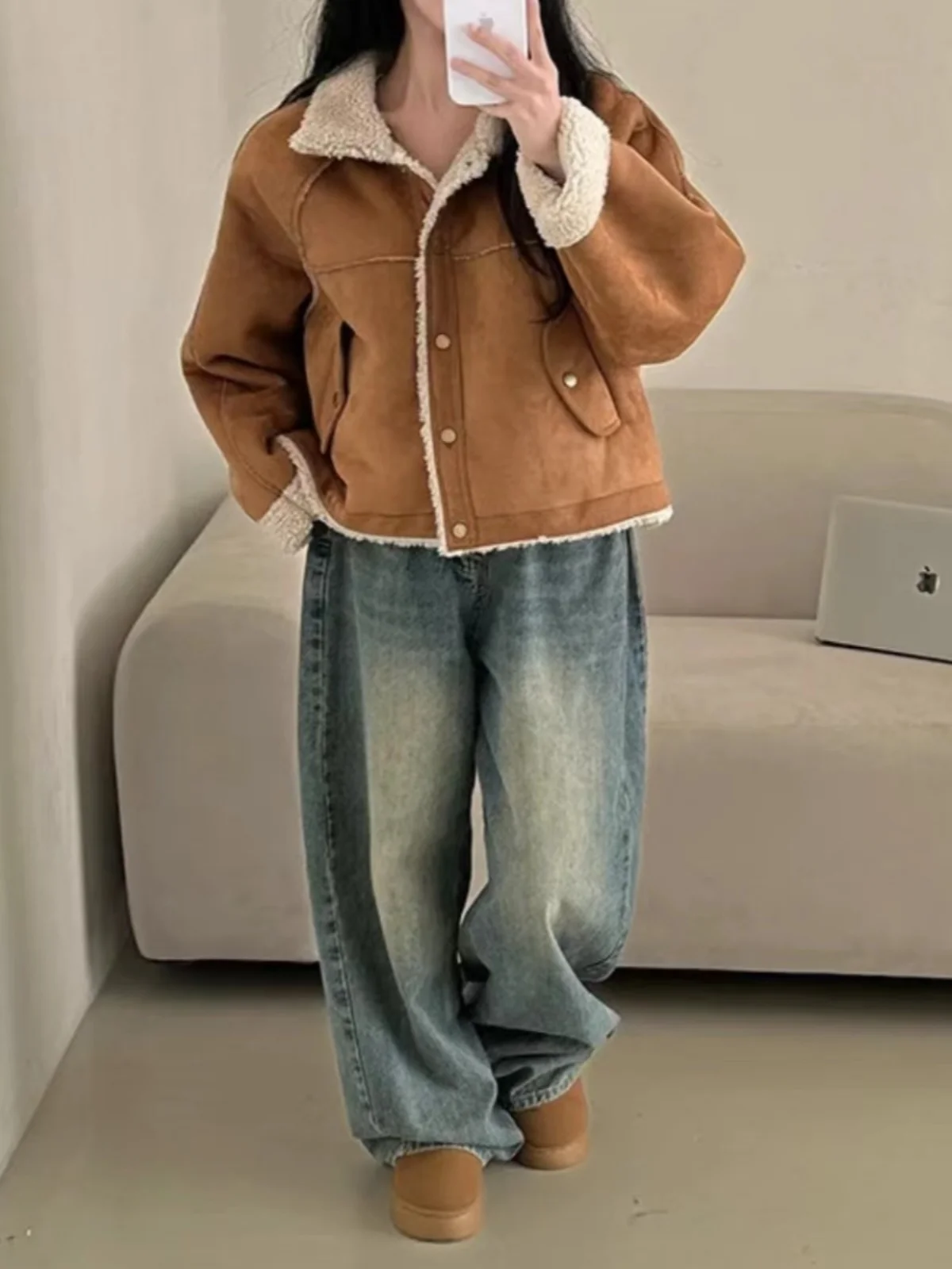 

Korean Sle ort Lamb Fur Jaet Women's Winter Warm Loose Suede Collar Design Cotton Clothes Fem Outerwear Coat