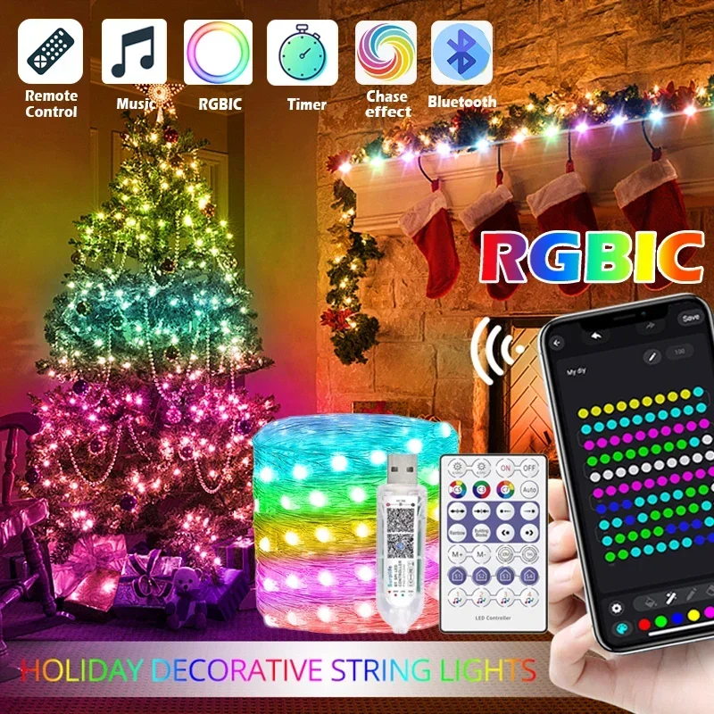 Dreamcolor Christmas Lights String BT Music WS2812B RGBIC Lighting Addressable Party Wedding Garland Decoration Outdoor USB DC5V