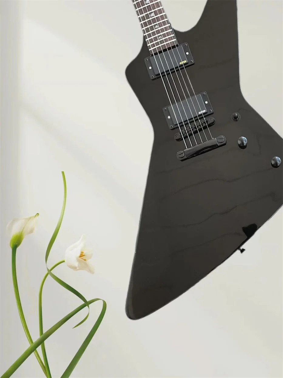 Rock legend Metallic Gloss Black Explorer Electric Guitar Naja Snake Inlay, China Active EMG Pickups & 9V Battery Box