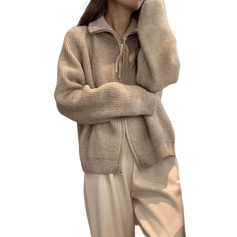 

Knitted cardigan sweater female spring and autumn lapel zipper sweater long sleeve solid women foreign outerwear cardigan female