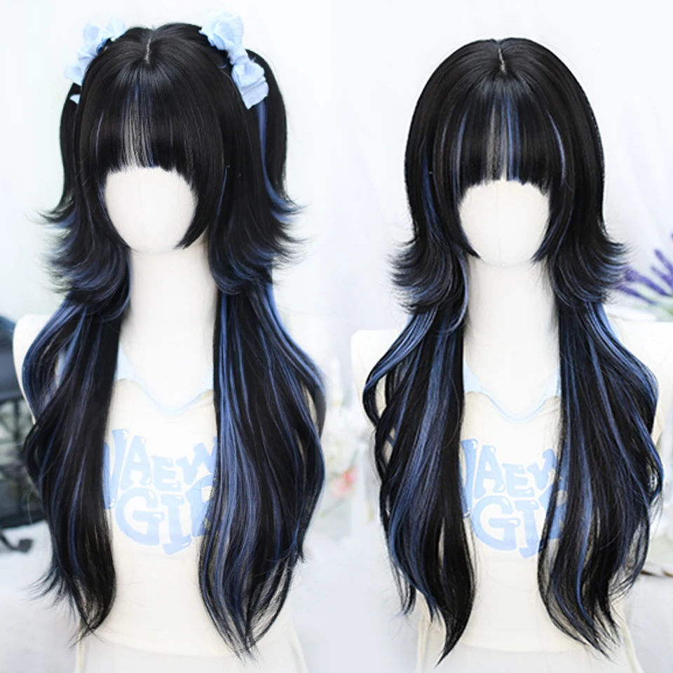 

Synthetic Lolita Wig Long Big Wavy Black Mixed Blue Hair With Bangs For Party Cosplay Wig for Women Halloween Date Wigs