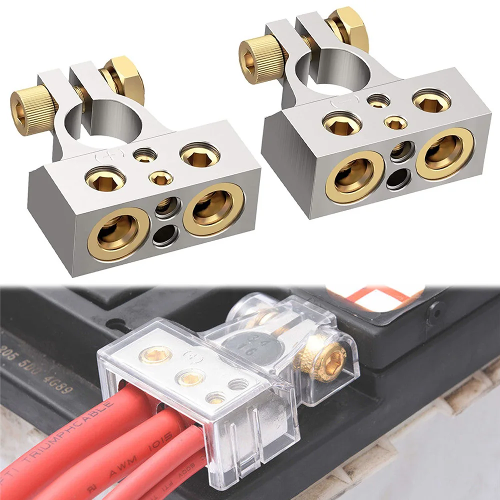 1 Pair Car Battery Terminal Connectors Kit 2/4/8/10 AWG Auto Audio Positive Negative Battery Post Clamp with Clear Covers Shims